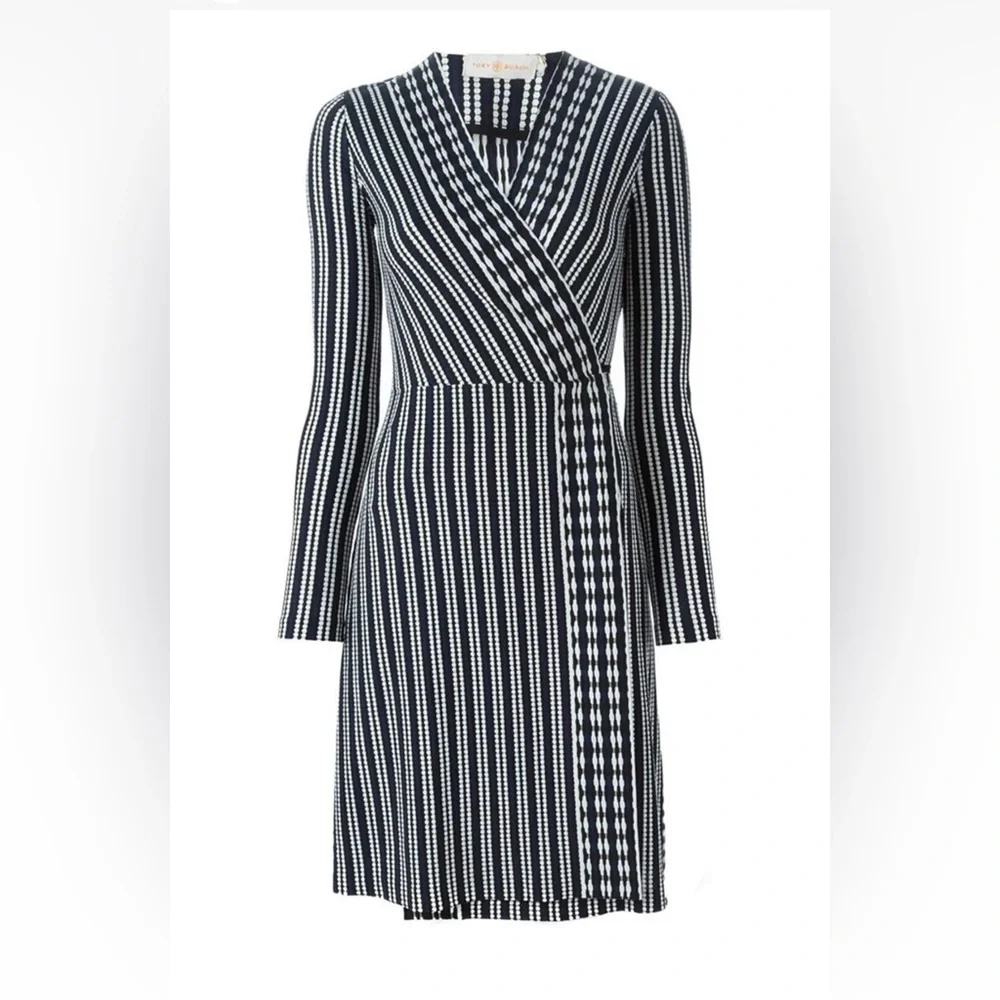 Tory Burch Jacquard Wrap Dress XS Navy Black White Stripe Long Sleeve